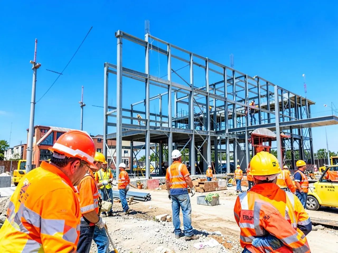 Construction workers beside the steel frame of a building