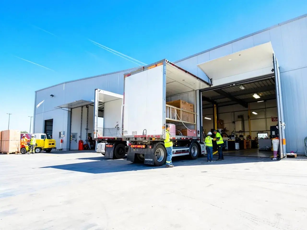 Warehouse staff beside a lorry at a loading bay