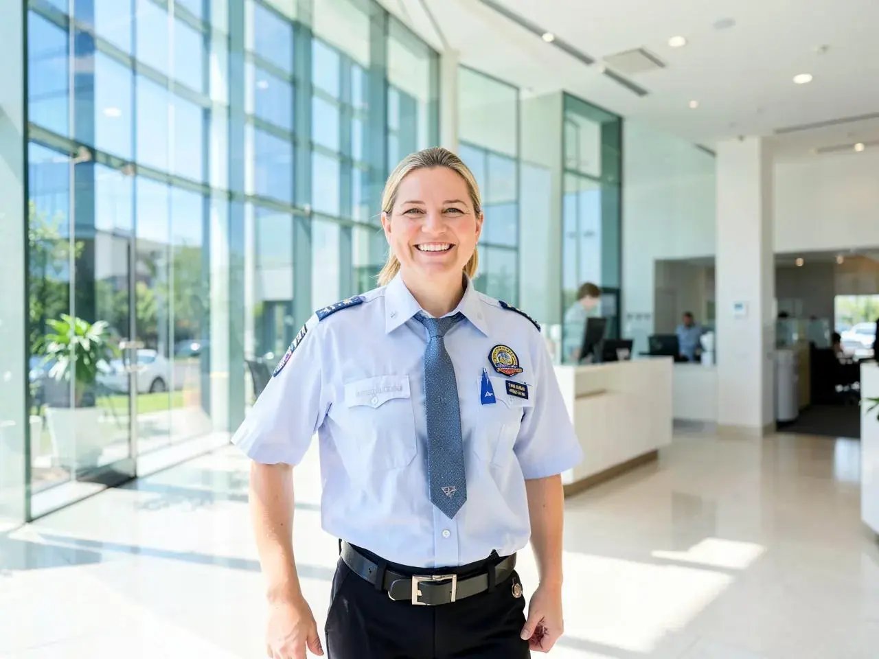 Uniformed security officer in a reception area